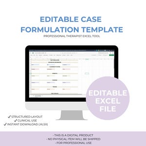 Może przedstawiać: Monitor komputera wyświetla arkusz kalkulacyjny Excel zatytułowany "Editable Case Formulation Template". Ekran pokazuje ustrukturyzowany układ do użytku profesjonalnego. Tekst zawiera "Editable Excel File" i "Instant Download (XLSX)."