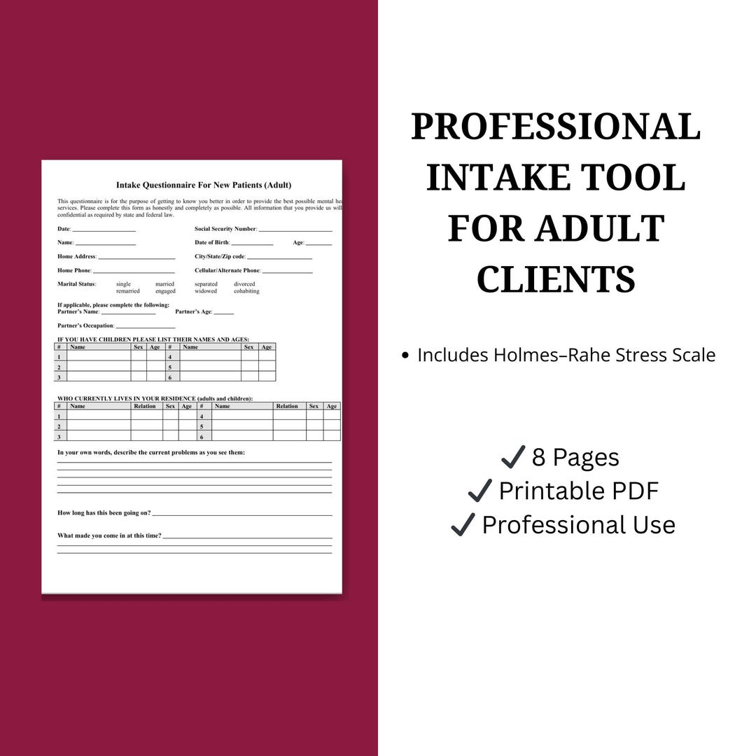 Therapist Adult Intake Questionnaire | Clinical Assessment, Holmes-rahe ...