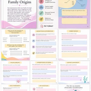 以下が含まれることがあります： 「Family Origins」というタイトルのデジタルワークブック。家族のイラストが描かれています。自己発見、家族の洞察、個人の成長のためのエクササイズが含まれています。印刷可能でデジタルでの使用向けに設計されています。