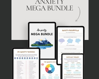 Anxiety Mega Bundle Printable | 60-Page Workbook | CBT Worksheets | Anxiety Journal | Mental Health Therapy Tools