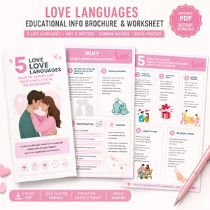 以下が含まれることがあります： ピンクと白のデザインの「Love Languages」という教育用パンフレットとワークシート。「5 Love Languages」と「Ways of Giving and Receiving Love in Relationships」というテキストが含まれています。カップルのグラフィック付き。