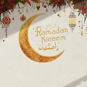 May include: A gold crescent moon with floral detailing and the words "Ramadan Kareem" in gold script. The image features hanging lanterns and floral decorations, creating a festive and celebratory atmosphere.