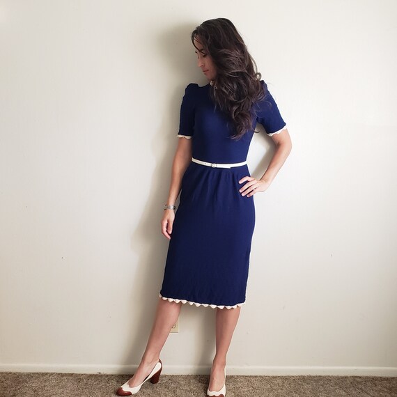 1970s does 1940s Style Vintage Knit Dress Navy and