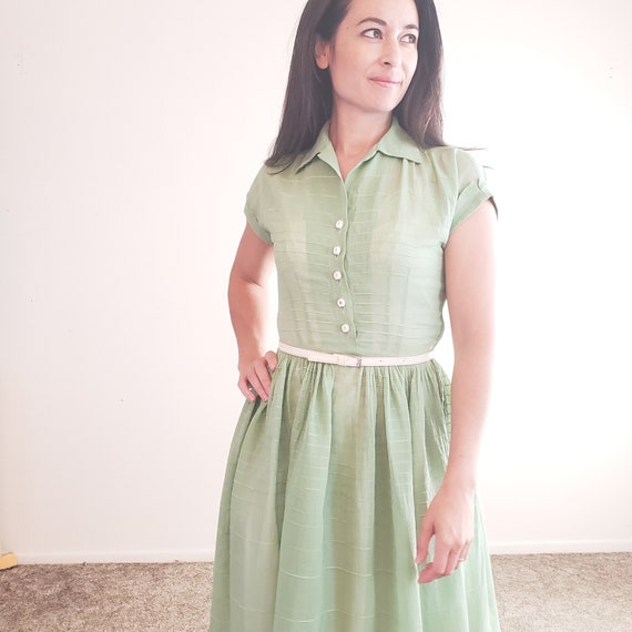 1940s Vintage Sage Green Semi Sheer Cotton Dress