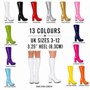 May include: Thirteen knee-high patent boots in white, black, red, silver, gold, pink, lime green, navy blue, purple, fuchsia, sky blue, yellow, and orange. Each boot features an 8.3cm heel. Text reads 13 COLOURS, UK SIZES 3-12, 3.25" HEEL (8.3CM).