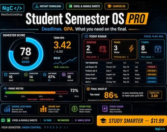 Planer semestralny dla studentów PRO | Śledzenie zadań w programie Excel, średnia ocen | Arkusze Google