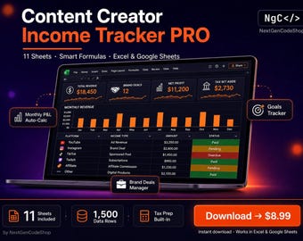 Content Creator Income Tracker PRO | Excel, Google Sheets Finance Budget Template
