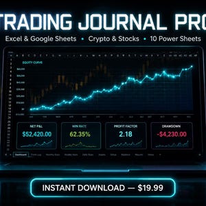 Könnte beinhalten: Ein Laptop zeigt eine Trading-Journal-Oberfläche mit einem blauen Aktienkurvendiagramm. Der Bildschirm zeigt Finanzdaten, einschließlich Netto-Gewinn, Gewinnrate, Profit-Factor und Drawdown. Der Text "TRADING JOURNAL PRO" steht oben.