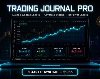 Trading Journal PRO — Krypto- och aktiespårning i Excel | Aktiekurva | DCA-kalkylator | Riskhanterare