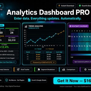 May include: Digital dashboard graphic with the text "Analytics Dashboard PRO." The interface displays data visualizations, including charts, graphs, and a heatmap calendar. The dashboard provides data analysis and updates automatically. The product is available for instant download.