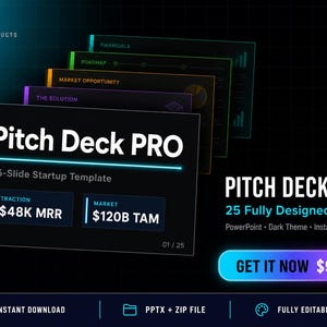 May include: A digital product advertisement for "Pitch Deck PRO," a 25-slide startup template. The design features a dark theme with stacked slides, showcasing financial and market data. The text includes "Instant Download" and "Fully Editable."