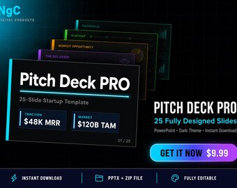 Pitch Deck PRO — Mall för mörk startup | 25 PowerPoint-bilder | Insamling av SaaS-företag inom teknikkrypto