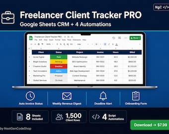 Freelancer CRM Google Sheets | Kundfaktura- och projektspårning | Mall för småföretag + automatisering