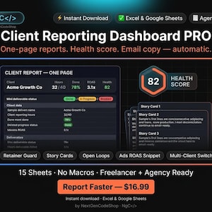 Op de afbeelding: Een digitaal Client Reporting Dashboard PRO-interface voor Excel en Google Sheets. Het donkere display bevat een klantrapporttabel, een gezondheidsscore van 82, story cards en statusindicatoren voor deliverables, retainer guards en advertentie-ROAS.