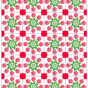 Puede incluir: Patrón repetitivo de diseños florales. Cada cuadrado presenta una flor rosa con hojas verdes, dispuestas en un patrón circular. Los cuadrados se colocan sobre un fondo blanco, con acentos rojos en forma de estrella entre ellos.