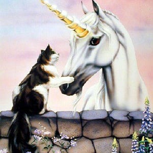May include: A whimsical painting depicts a white unicorn with a golden horn interacting with a calico cat. The cat sits atop a stone wall, reaching out to touch the unicorn's face. Purple flowers and a soft pink sky complete the fantasy scene.