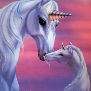 May include: A fantasy illustration of two white unicorns against a pink and purple sky. The larger unicorn has a spiraled horn and is nuzzling the smaller unicorn, which also has a horn. The unicorns have flowing manes and tails.