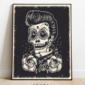 Elvis Presley Day of the dead Día de los Muertos Skull Elvis Fan Art Black Poster image 1