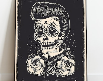 Elvis Presley Day of the dead Día de los Muertos Skull Elvis Fan Art Black Poster