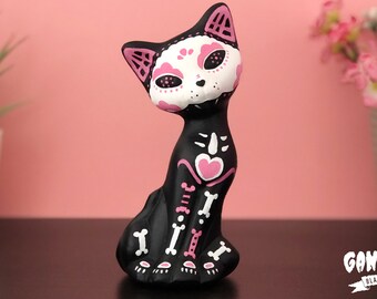 Cat Pink Bones Handmade Figurine Art Toy Black Cat Skull Pink Cat Day of the Dead