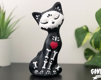 Black Cat Bones Handmade Figurine Art Toy Black Cat Skull Halloween Cat Day of the Dead