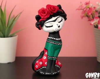 Frida Kahlo Cat Art Toy Figurine Handmade Cat Hand Painted Frida Kahlo Sculpture