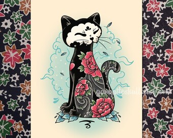 Tattoo Flash Irezumi Black Cat Tattooed with Flowers Original Print