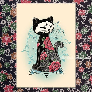 Tattoo Flash Irezumi Black Cat Tattooed with Flowers Original Print image 1