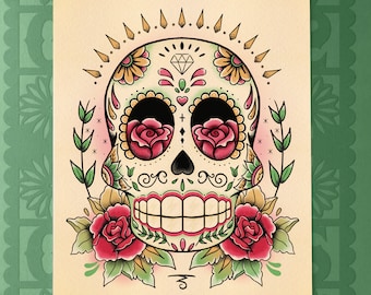 Tattoo Flash Sugar Skull Rose Day of the Dead Calaca Tattoo