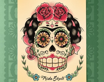 Tattoo Flash Frida Sugar Skull Print Day of the Dead Calaca Frida Tattoo