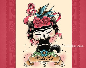 Tattoo Flash Frida Black Cat Frida Kahlo Fan Art Swallow Tattoo Day of the Dead