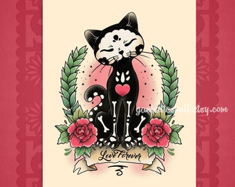 Tattoo Flash Black Cat Bones Skull Cat Day of the Dead Black Cat