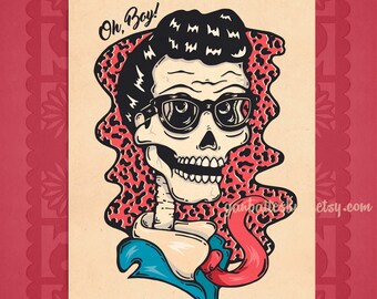 Print Buddy Holly Skull Day of the Dead Fan Art Rock & Roll Poster Halloween Tattoo Flash