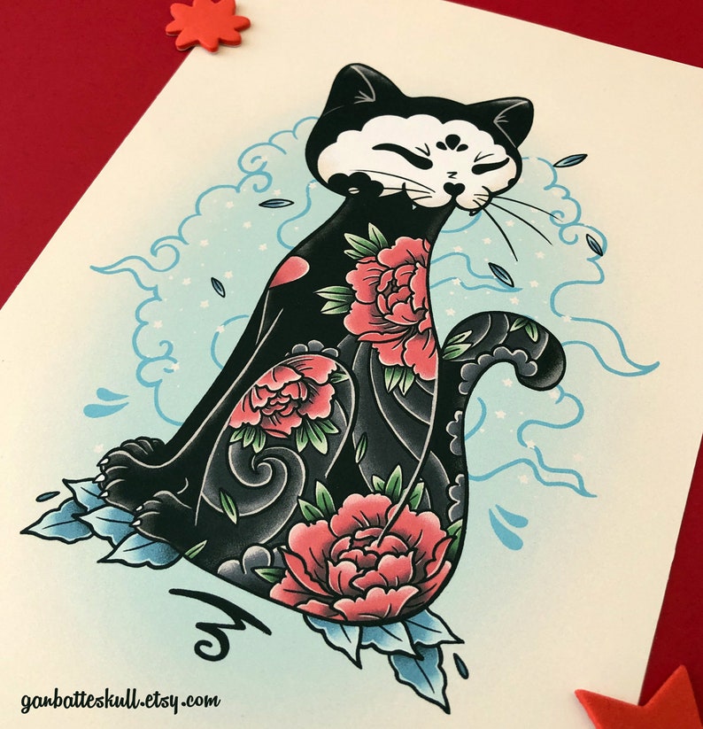 Tattoo Flash Irezumi Black Cat Tattooed with Flowers Original Print image 3