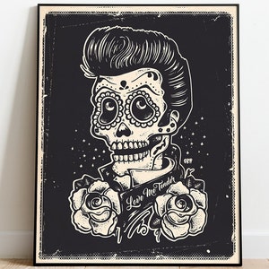 Elvis Presley Day of the dead Día de los Muertos Skull Elvis Fan Art Black Poster image 2