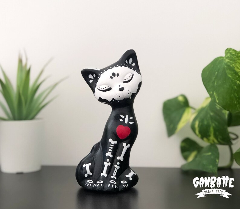 Black Cat Bones Handmade Figurine Art Toy Black Cat Skull Halloween Cat Day of the Dead image 1