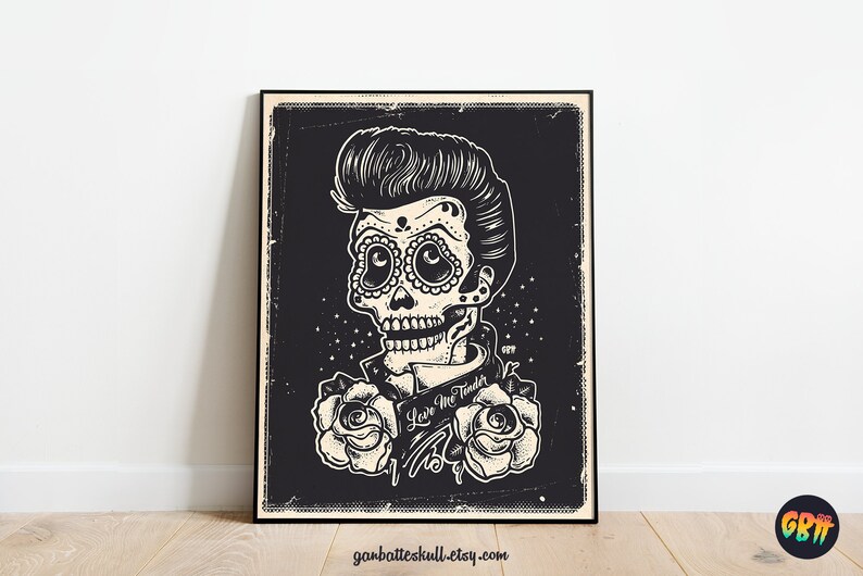 Elvis Presley Day of the dead Día de los Muertos Skull Elvis Fan Art Black Poster image 1