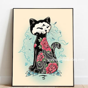 Tattoo Flash Irezumi Black Cat Tattooed with Flowers Original Print image 2