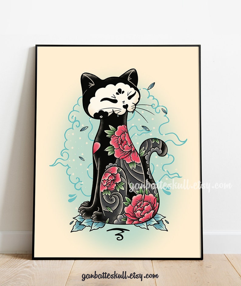 Tattoo Flash Irezumi Black Cat Tattooed with Flowers Original Print image 2