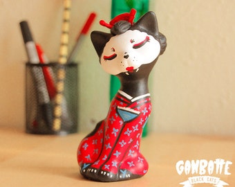 Geisha Cat Figurine Cat Art Toy Black Cat Sculpture Geisha Kimono Japanese Cat Geisha cat figurine - Handmade Unique by Ganbatte Skull