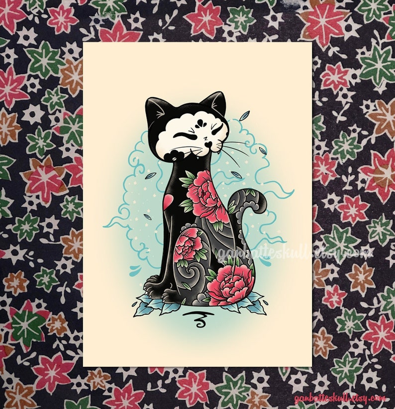 Tattoo Flash Irezumi Black Cat Tattooed with Flowers Original Print image 1