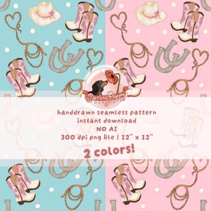 Könnte beinhalten: Ein nahtloses Muster mit Aquarellillustrationen von Cowboyhüten, rosa-weißen Cowgirl-Stiefeln, Hufeisen und herzförmigen Lassos auf hellblauen und rosa Hintergründen mit weißen Punkten. Text: Darling Poppy Design, handdrawn seamless pattern, instant download, NO AI, 300 dpi png file, 30,48 cm x 30,48 cm, 2 colors.