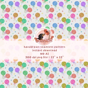 Könnte beinhalten: Ein nahtloses digitales Muster mit handgezeichneten Lollis in Blau-, Grün-, Rosa-, Orange- und Violetttönen auf hellem Grund. Ein zentrales Logo zeigt einen Hund und den Text Darling Poppy Design, handdrawn seamless pattern, instant download, NO AI, 300 dpi png file | 30,48 cm x 30,48 cm.
