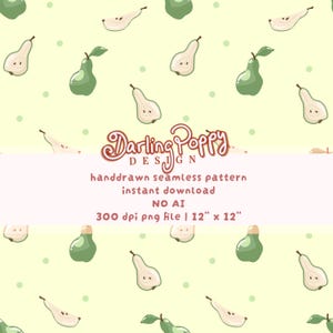 Könnte beinhalten: Handgezeichnetes nahtloses Muster mit grünen und cremefarbenen Birnen auf hellgelbem Hintergrund mit kleinen grünen Punkten. Das Design enthält den Text "Darling Poppy Design" und "handgezeichnetes nahtloses Muster 30,48 cm x 30,48 cm".