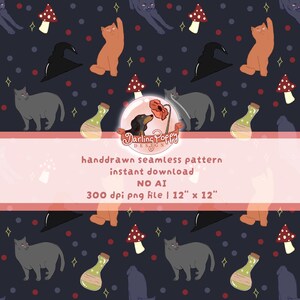 Könnte beinhalten: Ein nahtloses Muster mit orangefarbenen und grauen Katzen, rot-weißen Pilzen, schwarzen Hexenhüten und grünen Zaubertrankflaschen auf dunklem Grund. Text: Darling Poppy Design, handdrawn seamless pattern, instant download, NO AI, 300 dpi png file, 30,48 cm x 30,48 cm.