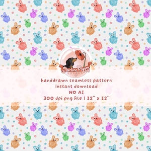 Könnte beinhalten: Ein nahtloses Muster mit aquarellartigen Gummibärchen in Rosa, Blau, Grün, Lila und Hellbraun, durchsetzt mit kleinen bunten Punkten. Ein zentrales kreisförmiges Logo zeigt einen Hund und eine Blume mit dem Text Darling Poppy Design.