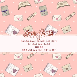 Könnte beinhalten: Ein handgezeichnetes nahtloses Muster mit Büchern, Umschlägen, Schriftrollen und Herzen auf rosa Hintergrund. Das Design enthält den Text "Darling Poppy Design" und "handdrawn seamless pattern instant download". Die Datei ist 30.48 cm x 30.48 cm groß.