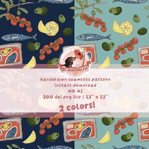 Könnte beinhalten: Ein nahtloses Muster mit Illustrationen von Sardinen, Kirschtomaten am Zweig, grünen Oliven und Zitronenspalten auf dunkelblauem und hellblauem Hintergrund. Der Text lautet Darling Poppy Design, handdrawn seamless pattern, instant download, NO AI, 300 dpi png file, 30,48 cm mal 30,48 cm, und 2 Farben.
