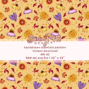 Könnte beinhalten: Ein nahtloses Muster mit handgezeichneten Illustrationen von Herbstblumen, Blättern und Knospen in Gelb, Orange, Lila und Rot. Das Design beinhaltet eine 30,48 cm x 30,48 cm große Datei. Der Text "Darling Poppy Design" ist ebenfalls enthalten.