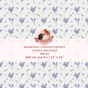 Könnte beinhalten: Ein nahtloses Muster mit handgezeichneten violetten Lavendelzweigen und grünen Blättern auf hellgrauem Grund. Ein kreisförmiges Logo zeigt einen Dackel mit einer roten Mohnblume. Text: Darling Poppy DESIGN, handdrawn seamless pattern, instant download, NO AI, 300 dpi png file | 30,48 cm x 30,48 cm.